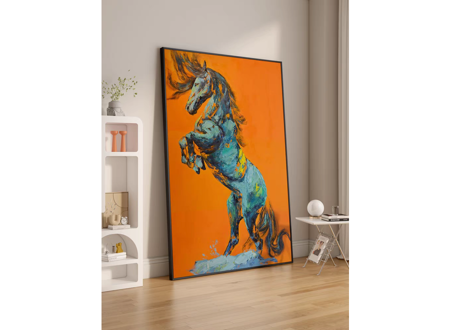 Pintura Al Óleo Cuadro Pintado a Mano 3D Efecto Relieve Marco Negro 100x150cm Caballo Naranja