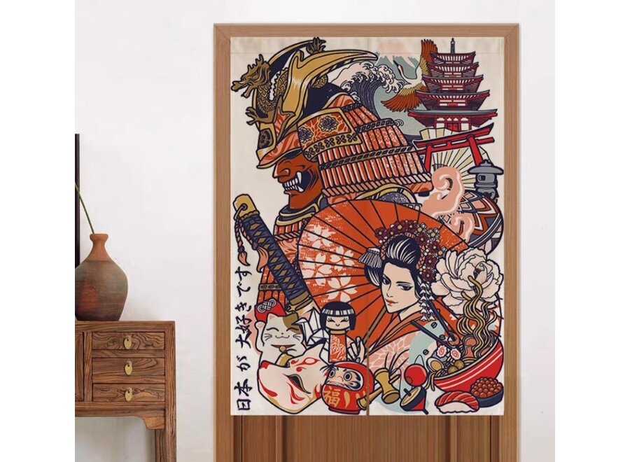 Japanische Noren Türvorhänge Samurai und Japanische Frau B80xH130cm