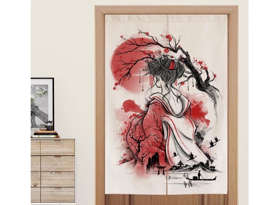 Noren Japonais Calligraphie Femme Japonaise en Kimono L80xH130cm