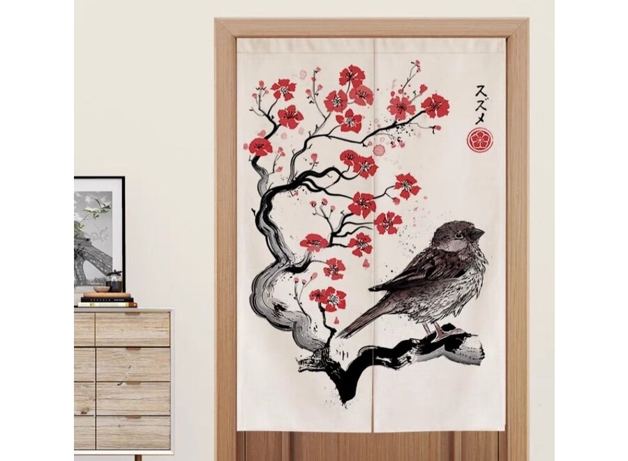Japanische Noren Türvorhänge Kalligraphie Vogel auf Blütenbaum B80xH130cm