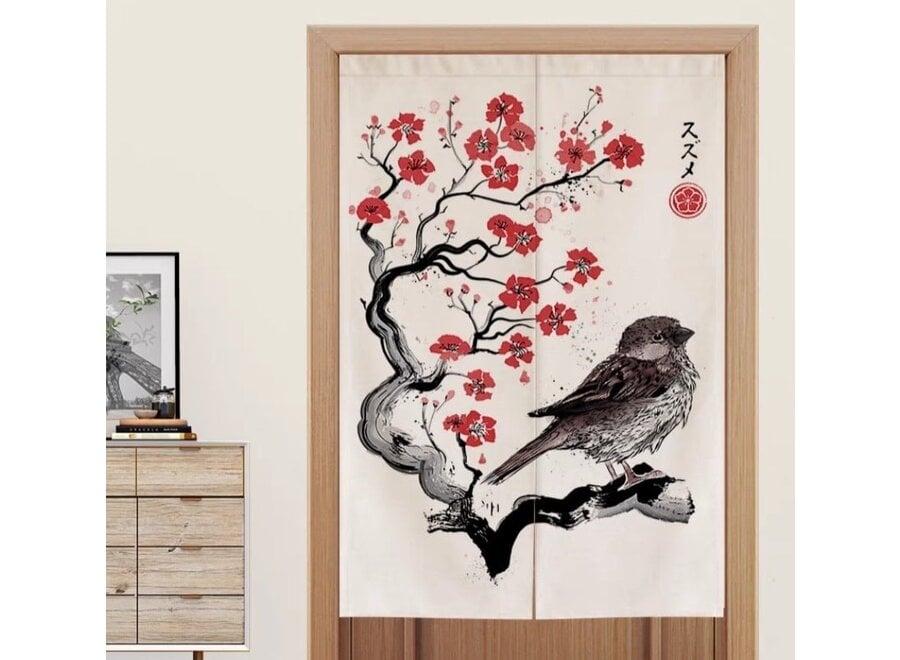 Noren Giapponese Calligrafia Uccello su Albero in Fiore L80xA130cm