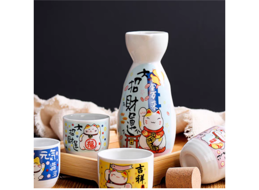 Sake Set in Confezione Regalo Lucky Cat Fatto a Mano - Yoshino Set/5