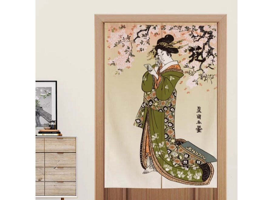 Noren Japonais Femme Japonaise en Kimono Vert L80xH130cm