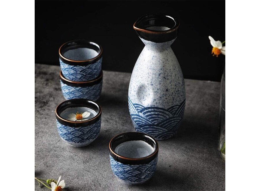 Sake Set in Confezione Regalo Blu Onde Fatto a Mano - Miyako Set/5