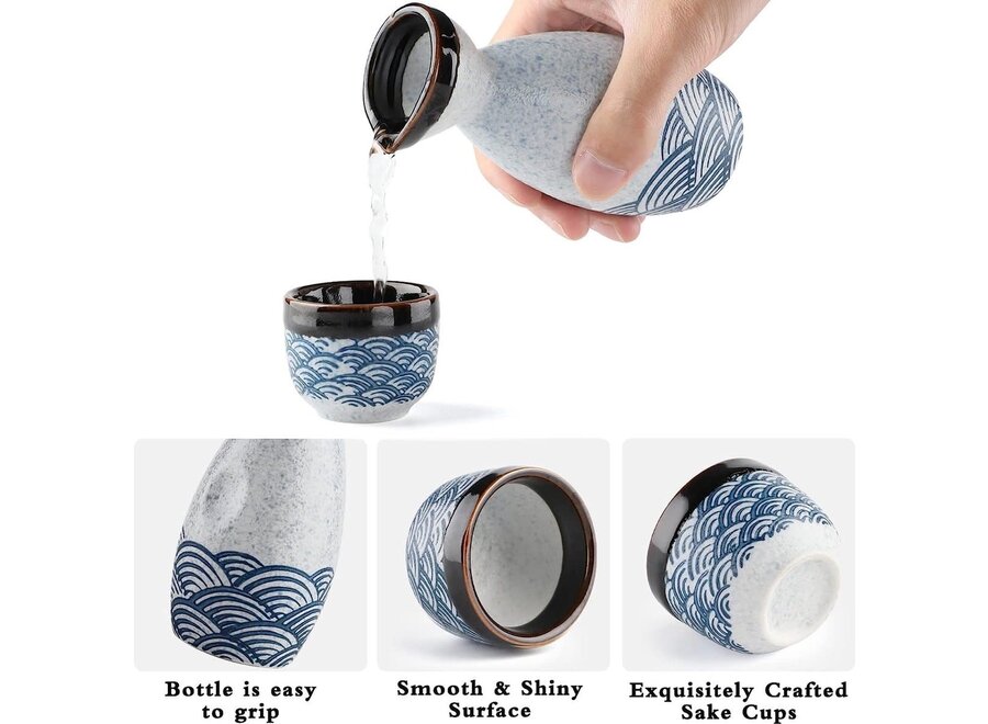 Sake Set Giftbox Blue Waves Handmade - Miyako Set/5