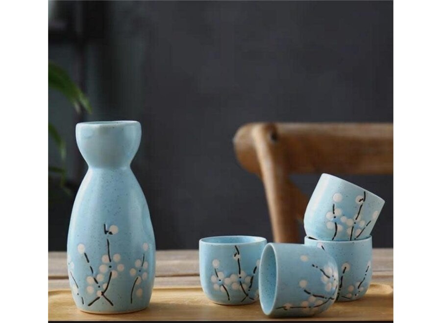 Sake Set Giftbox Blue Blossoms Handmade - Koharu Set/5