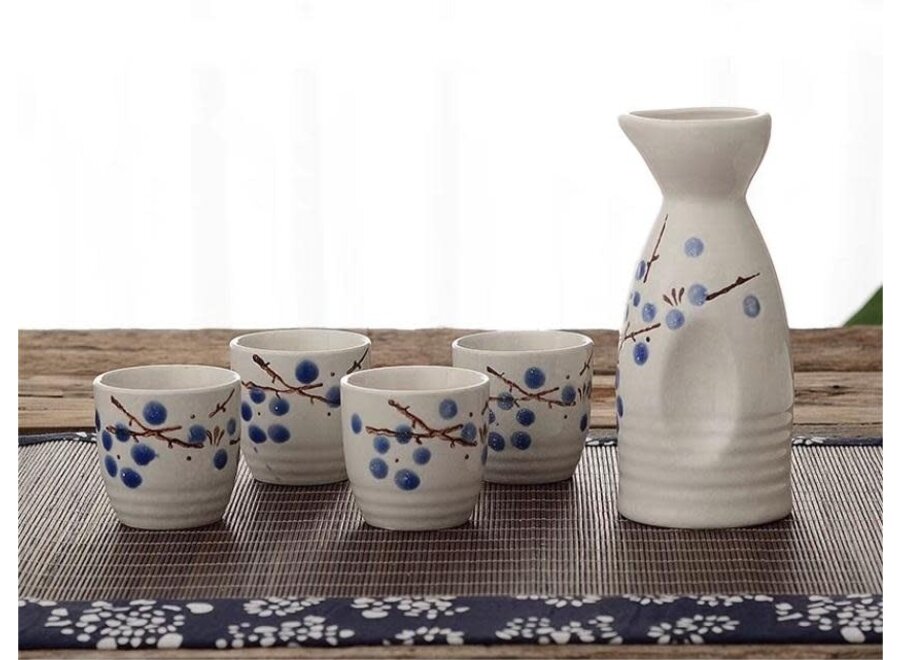 Sake Set in Confezione Regalo Bianco Fiori Blu Fatto a Mano - Hayato Set/5