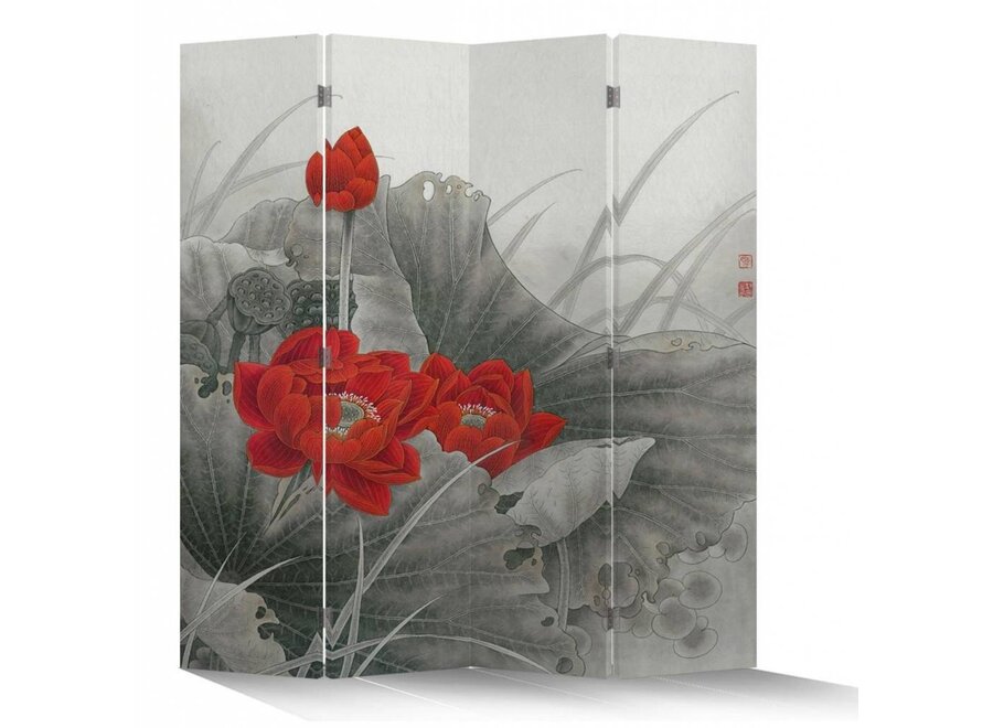 Chinese Oriental Room Divider Folding Privacy Screen 4 Panel Red Lotus L160xH180cm