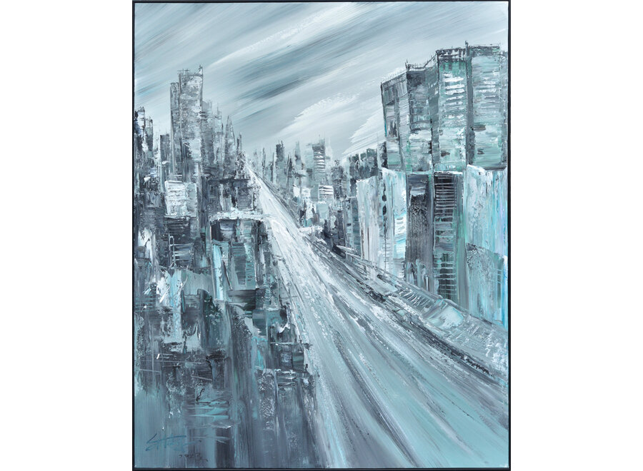 Peinture á l'Huile 100% Peint á La Main 3D Effect Relief Cadre Noir 120x150cm Ville Bleu