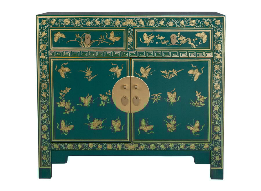 Chinesischer Schrank Blaugrün Schmetterlinge Handbemalt - Orientique Kollektion B90xT40xH80cm