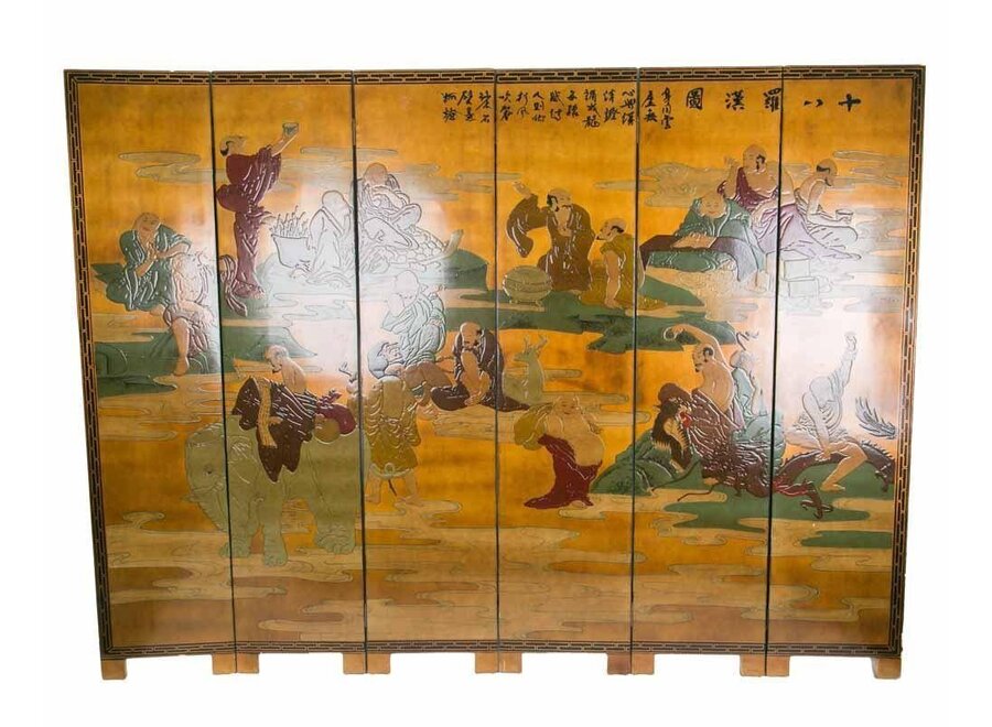 Chinesische Paravent Raumteiler 6-teilig mit den Achtzehn Arhaten (Luohans) Handgemalt B240xH180cm