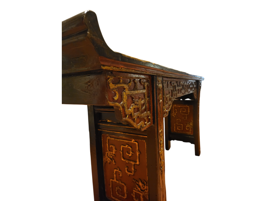 Antike Chinesische Konsole Altartisch Braun Gold Rot Hangeschnitzt B195xT43xH92cm