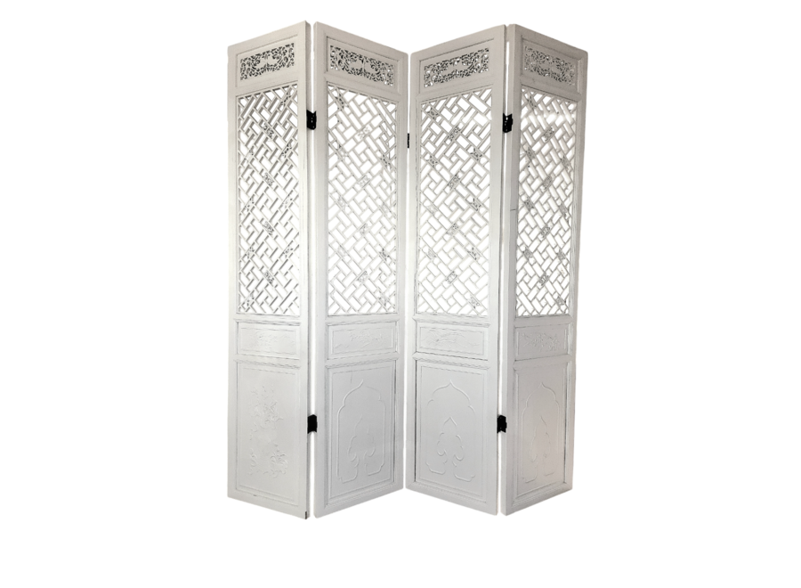 Paravent Chinois 4 Panneaux Blanc Sculpté à la Main L200xH230cm