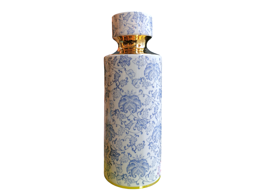 Jarrón Chino Azul Blanco Oro Hecho a Mano D14xAl40cm