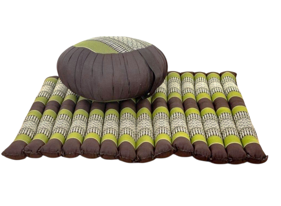 Thai Cushion Set: Meditation Cushion Zafu D40xH20cm, Rollable Mat Zabuton 76x72cm Kapok Green