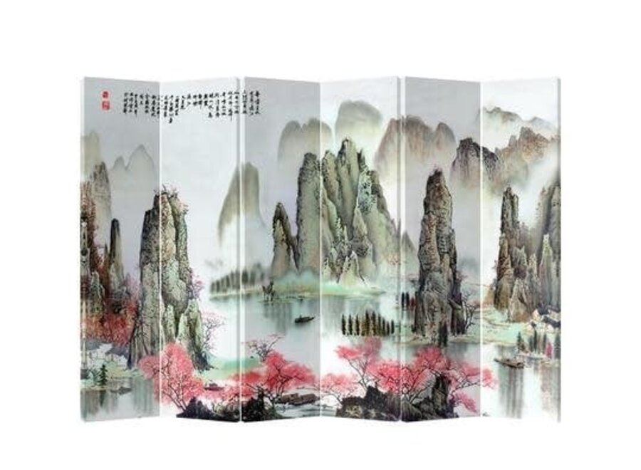 Room Divider Privacy Screen 6 Panel Mountains Peach Blossoms L240xH180cm