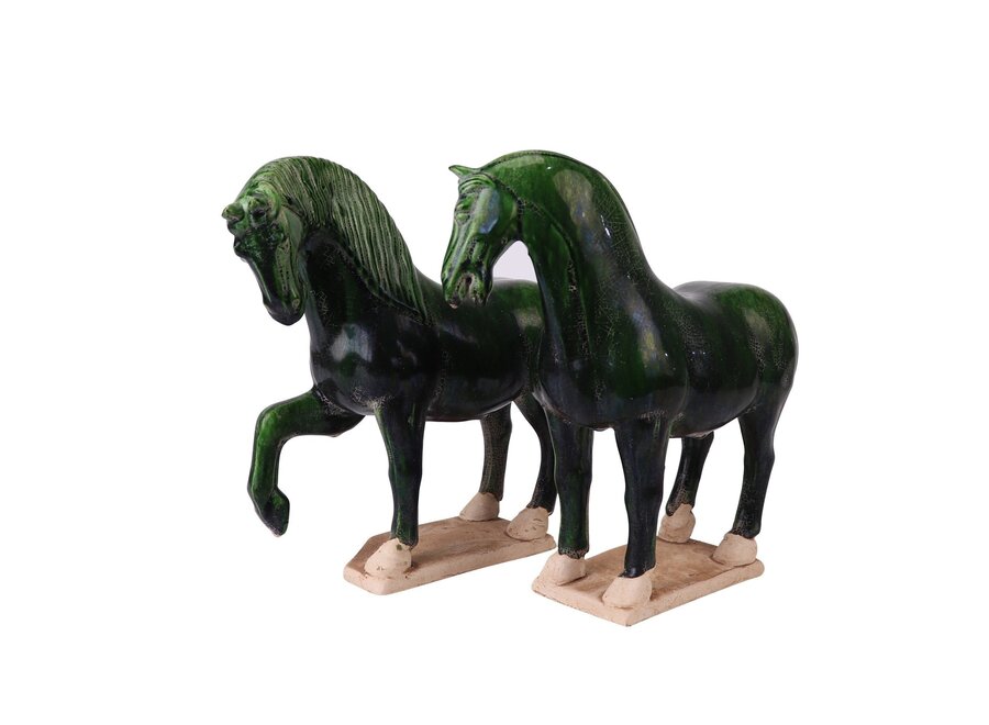 Cavallo Cinese Dinastia Tang Ceramica di Terracotta Verde Fatto a Mano Set/2 L41xP15xA41cm