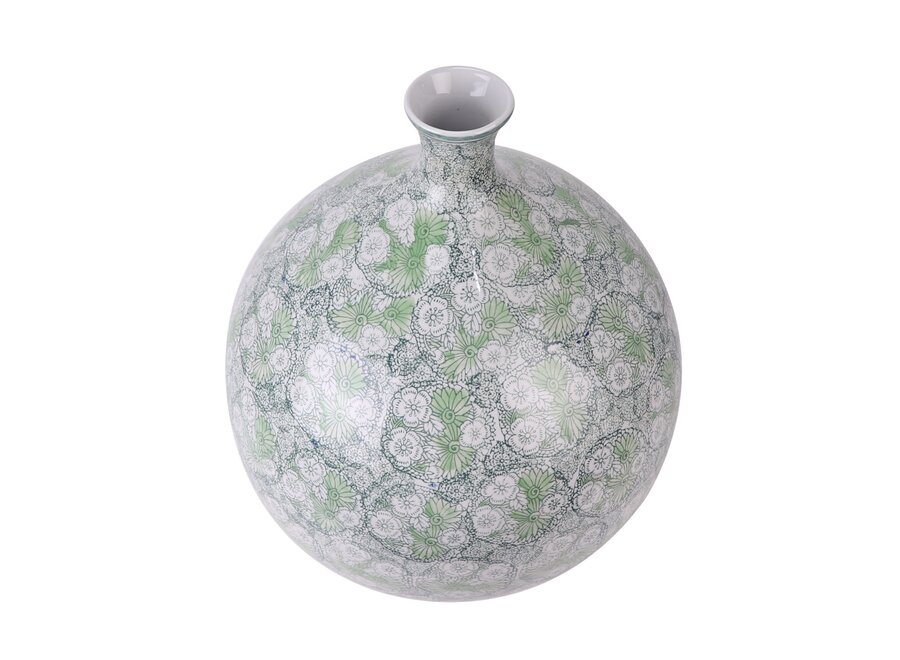 Vase Chinois Porcelaine Vert Fleurs Peint à la Main D36xH44cm