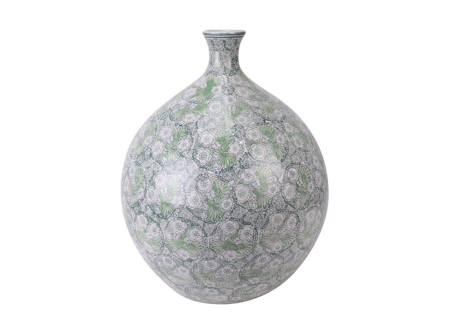 Vase Chinois Porcelaine Vert Fleurs Peint à la Main D36xH44cm