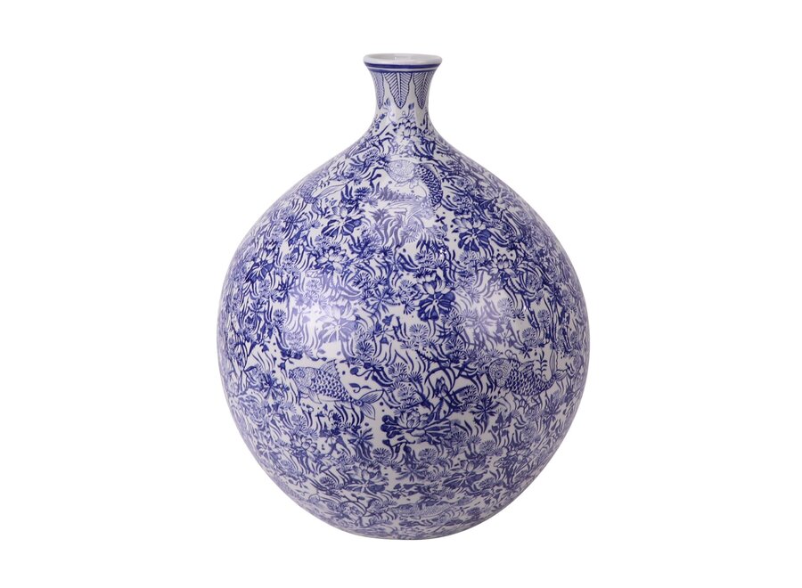 Vaso Cinese Porcellana Blu Bianco Pesci Koi Dipinto a Mano D36xA44cm