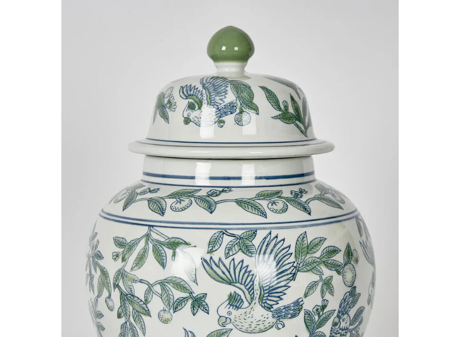 Pot à Gingembre Chinois Porcelaine Bleu Vert Perroquets Peint à la Main D25xH42cm