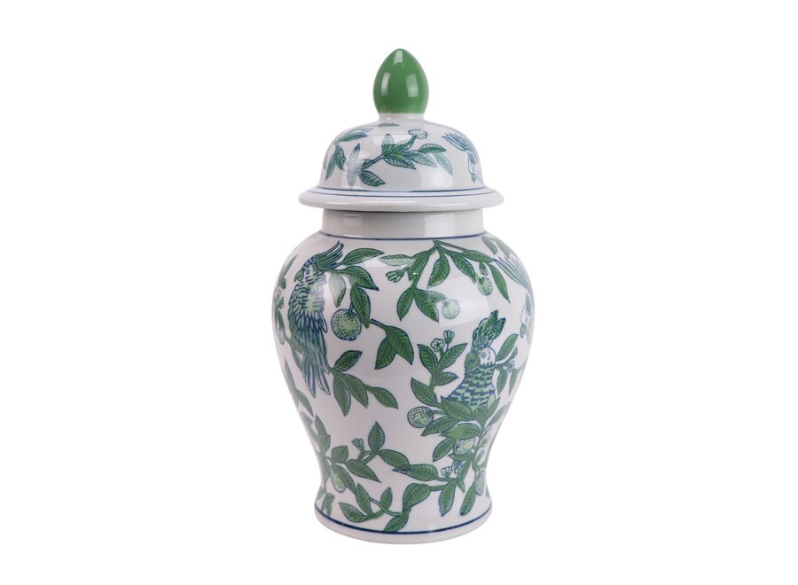 Tarro de Jengibre Chino Porcelana Azul Verde Loros Pintado a Mano D17.5xAl31cm