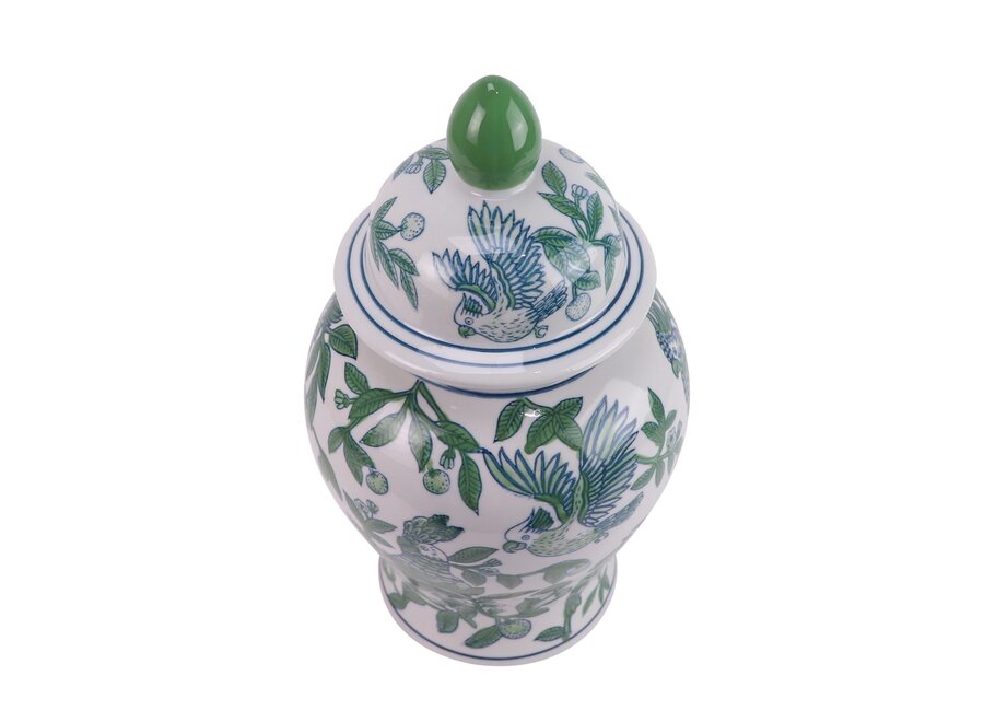 Tarro de Jengibre Chino Porcelana Azul Verde Loros Pintado a Mano D17.5xAl31cm
