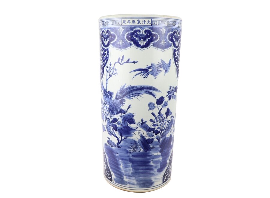 Paragüero de Cerámica Jarrón Azul Blanco Pájaros Pintado a Mano D25xAl53cm