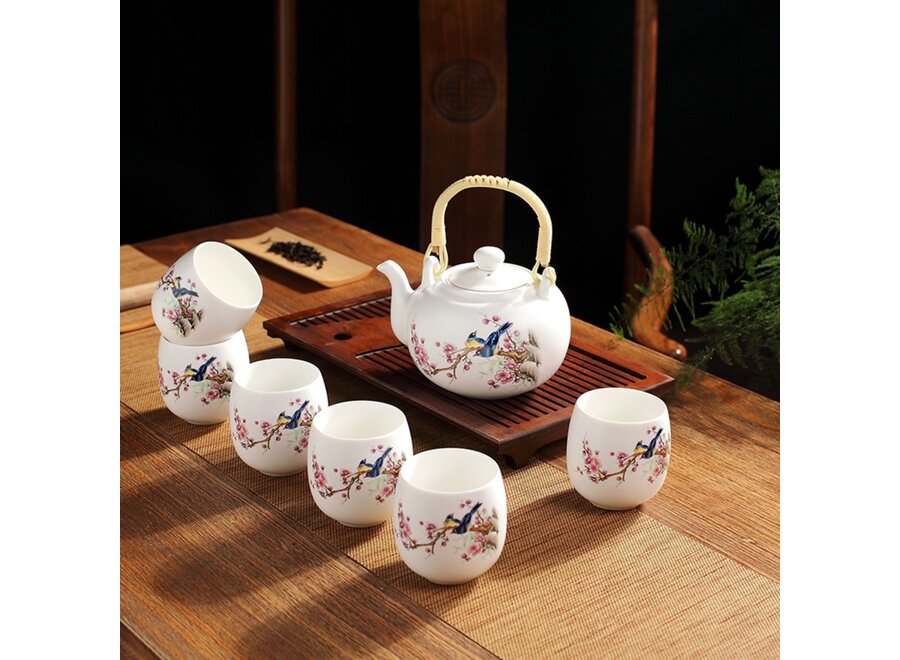 Chinese Tea Set/7 Porcelain Hand-Painted Pink Cherry Blossoms