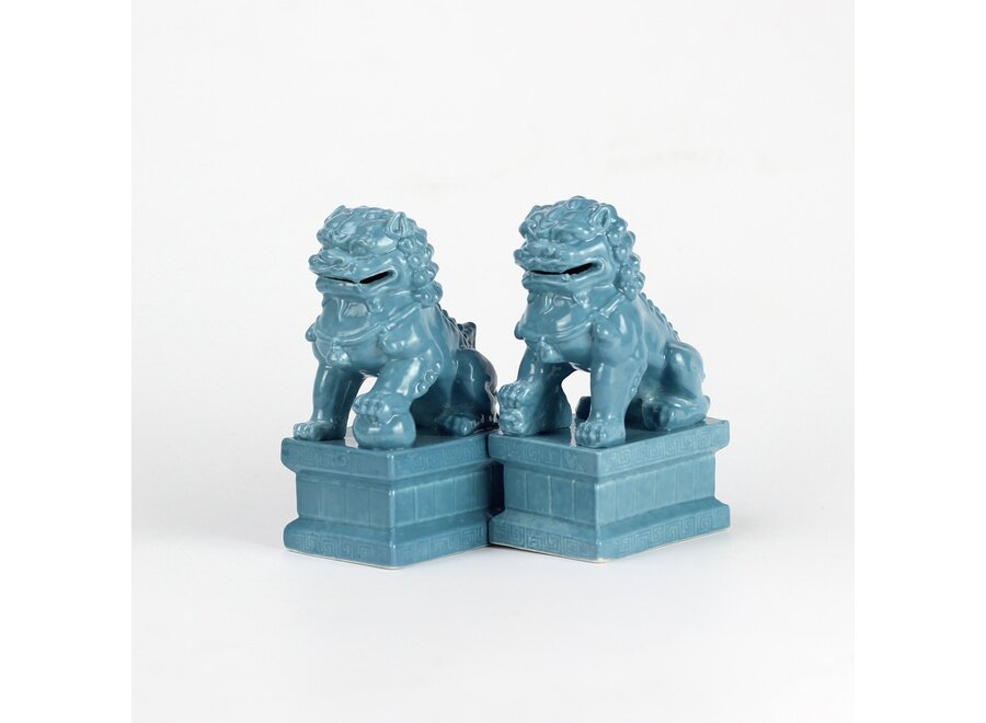 Chinesische Fu Hunde Tempelwächter Löwen Blau Set/2 Porzellan Handgefertigt B6xT8xH15cm