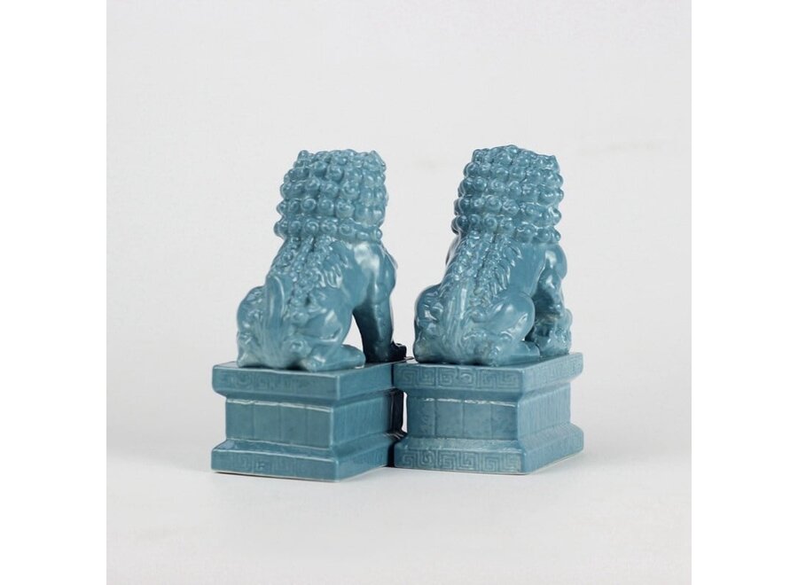 Ensemble Chiens Foo Chinois Gardiens de Temple Lions Bleu/2 Porcelaine Fait Main L6xP8xH15cm