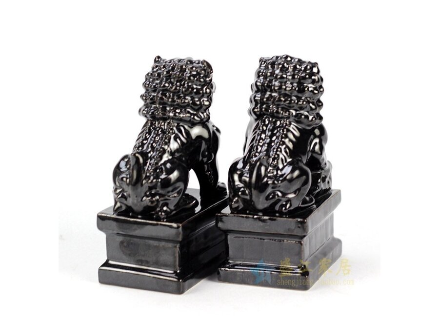 Chinesische Fu Hunde Tempelwächter Löwen Schwarz Set/2 Porzellan Handgefertigt B6xT8xH15cm