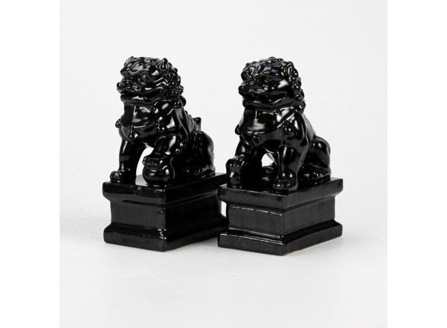 Ensemble Chiens Foo Chinois Gardiens de Temple Lions Noir/2 Porcelaine Fait Main L6xP8xH15cm