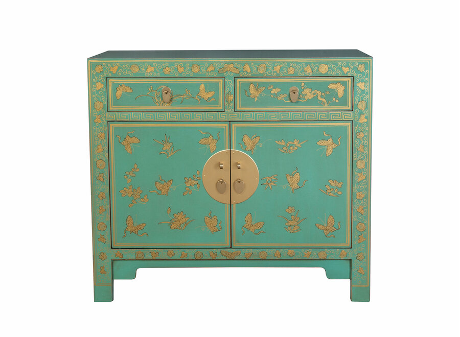 Armoire Chinoise Dusty Turquoise Papillons Peint à la Main - Orientique Collection L90xP40xH80cm