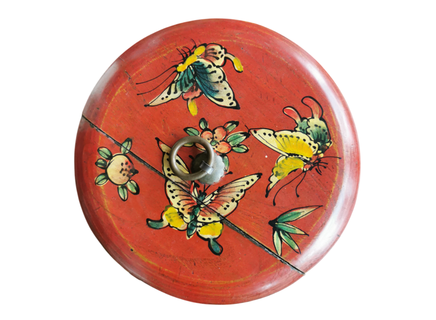 Antique Chinese Wooden Handpainted Rice Container with Lid Red D25xH25cm