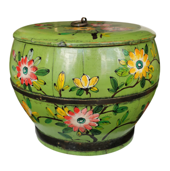 Antique Chinese Wooden Handpainted Rice Container with Lid Green ...