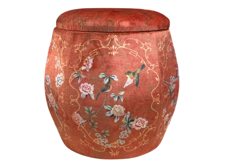 Pouf Contenitore in Velluto di Lusso Rotondo con Coperchio Rosso Uccelli D43xA43cm