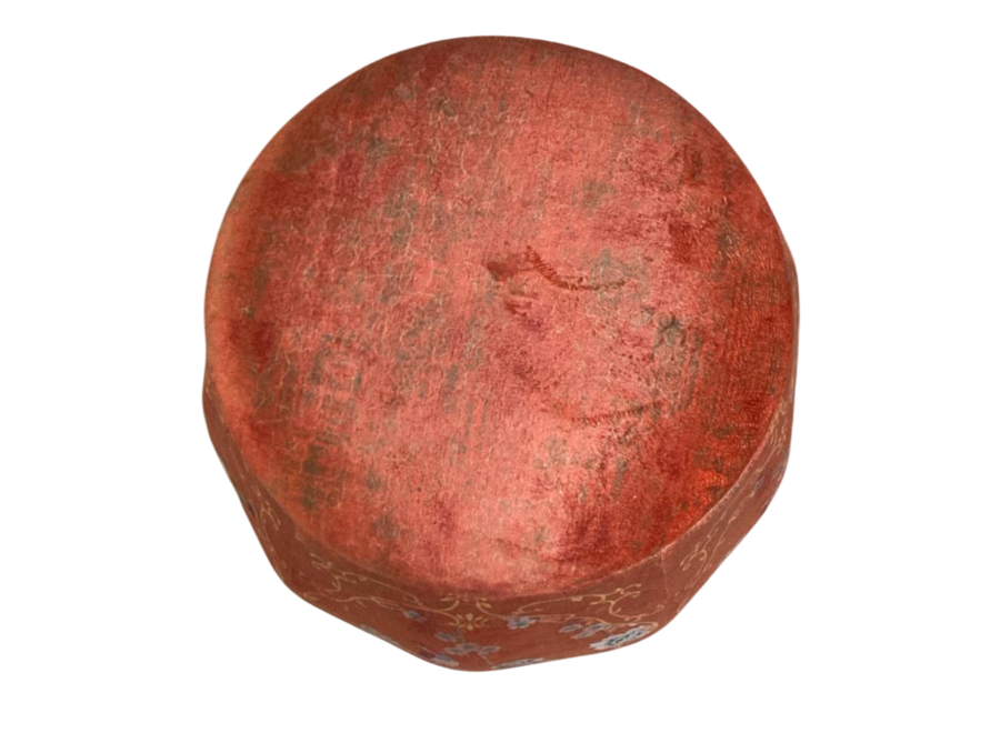 Pouf Contenitore in Velluto di Lusso Rotondo con Coperchio Rosso Uccelli D43xA43cm