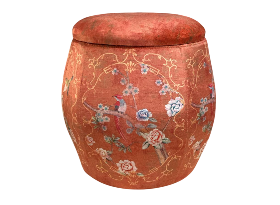 Pouf Contenitore in Velluto di Lusso Rotondo con Coperchio Rosso Uccelli D43xA43cm