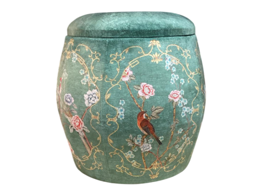 Puf de Terciopelo Redondo con Almacenamiento y Tapa Verde Pájaros D43xAl43cm