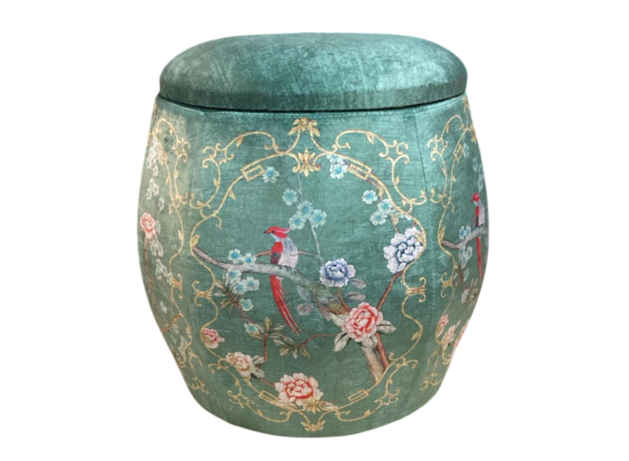 Velvet Storage Ottoman Round Pouffe Green Birds Handmade D43xH43cm