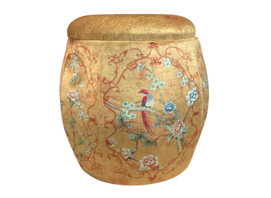 Samt Aufbewahrungshocker mit Deckel Runder Pouf Gelbe Vogelmotiv D43xH43cm