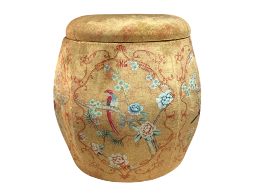 Pouf de Rangement Rond en Velours avec Couvercle Jaune Oiseaux D43xH43cm