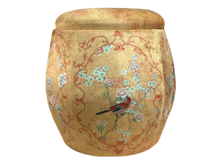 Pouf de Rangement Rond en Velours avec Couvercle Jaune Oiseaux D43xH43cm