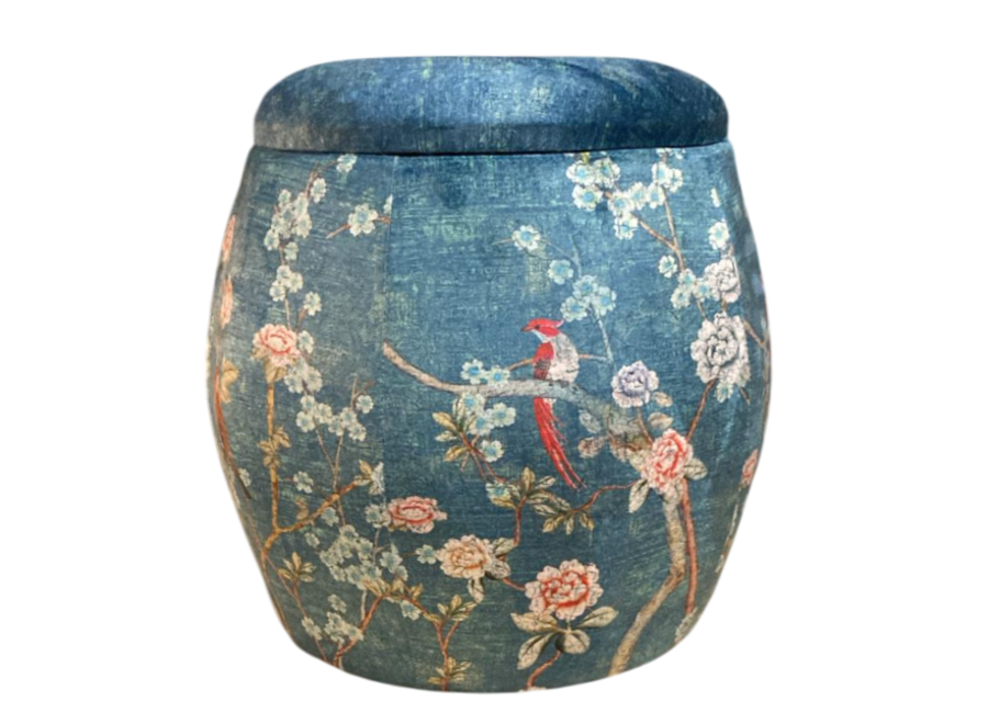 Pouf Contenitore in Velluto di Lusso Rotondo con Coperchio Blu Uccelli D43xA43cm