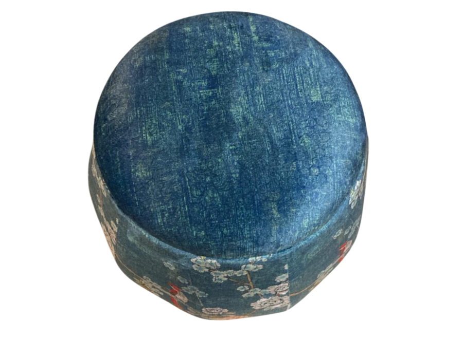 Samt Aufbewahrungshocker mit Deckel Runder Pouf Blau Vogelmotiv D43xH43cm
