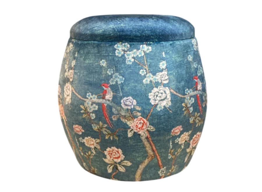 Samt Aufbewahrungshocker mit Deckel Runder Pouf Blau Vogelmotiv D43xH43cm