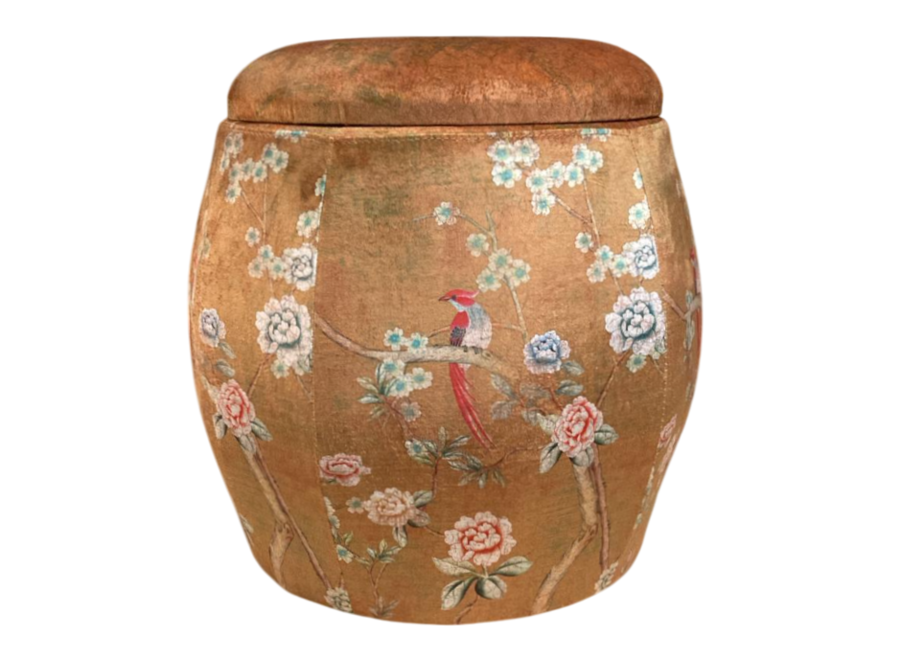 Pouf Contenitore in Velluto di Lusso Rotondo con Coperchio Marrone Uccelli D43xA43cm