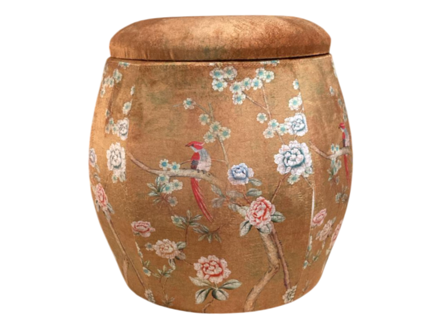 Velvet Storage Ottoman Round Pouffe Brown Taupe Birds Handmade D43xH43cm