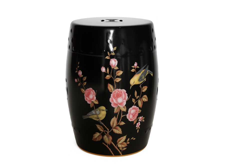 Keramik Hocker Schwarz Pfingstrosen Handgefertigt - Yara D30xH45cm